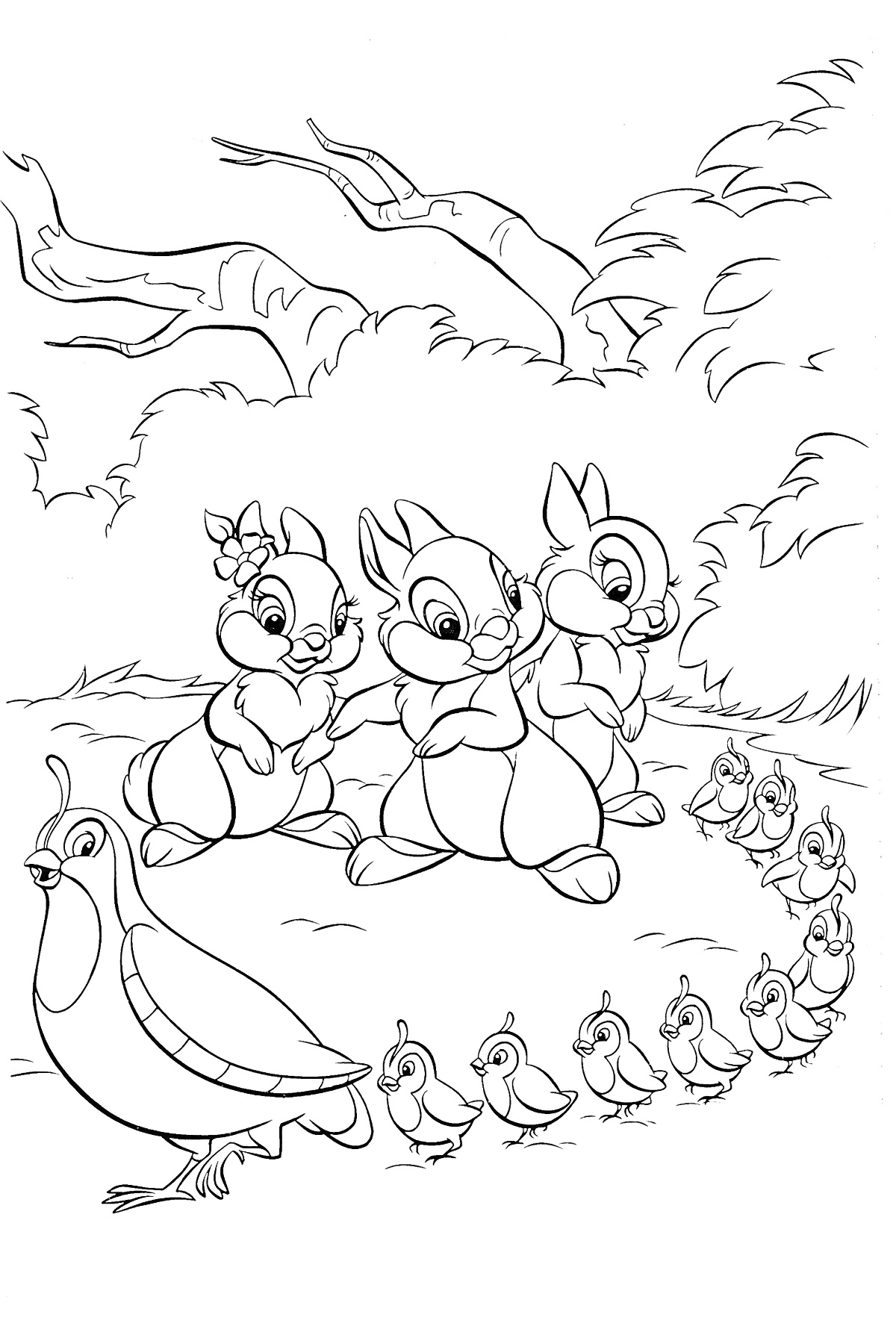 Раскраска Три крольчонка на поляне рядом с птицей и шествием птенцов, на фоне леса