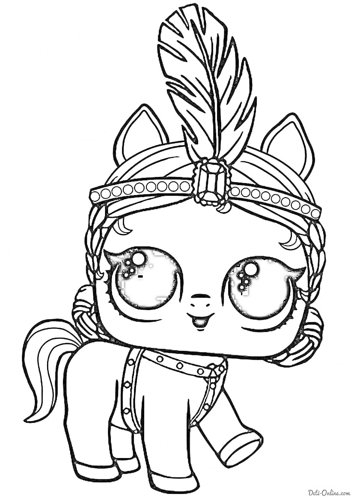 Раскраска Лошадка с короной и пером, глазки в стиле лол, хвост и грива