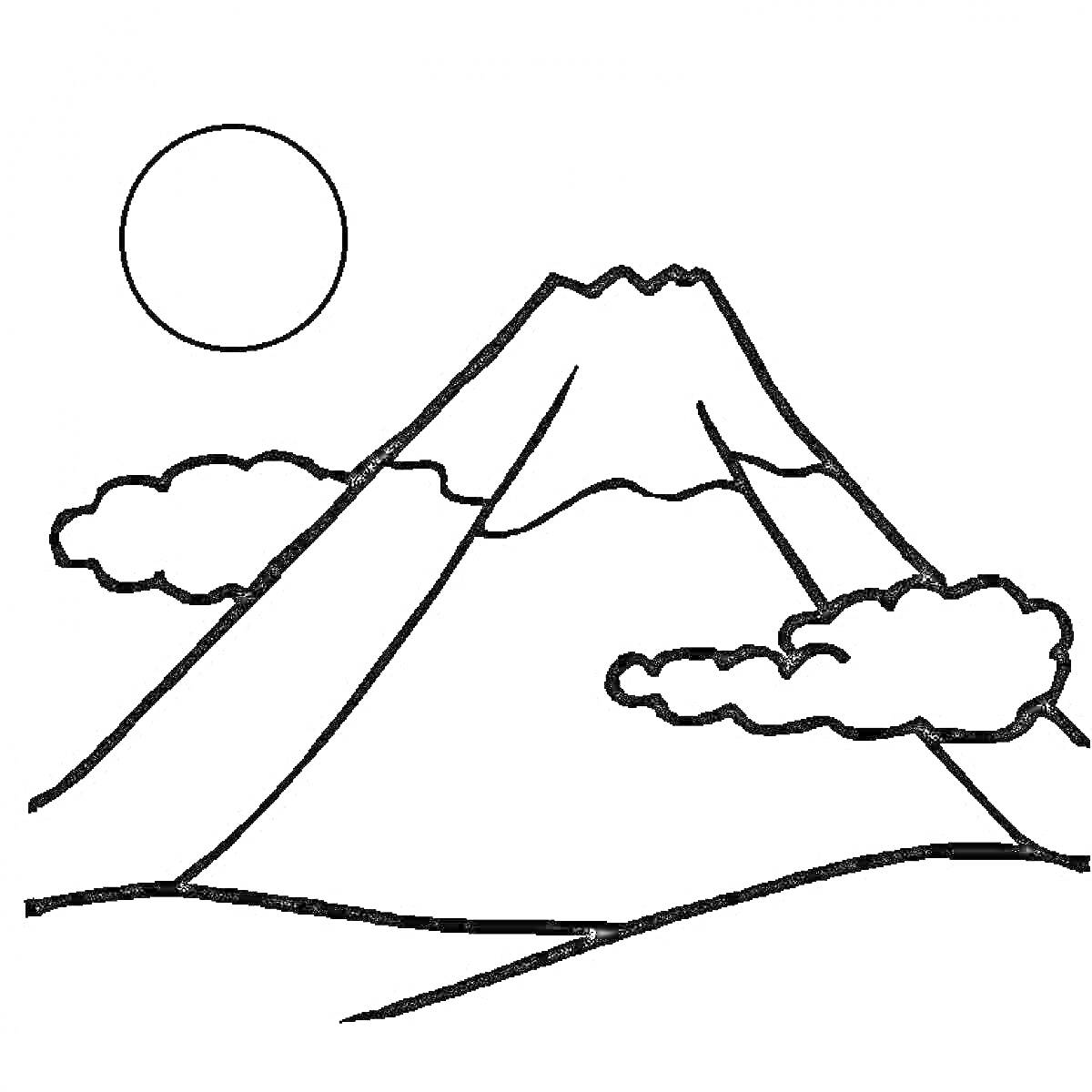 На раскраске изображено: Вулкан, Облака, Солнце, Пейзаж, Природа, Горы