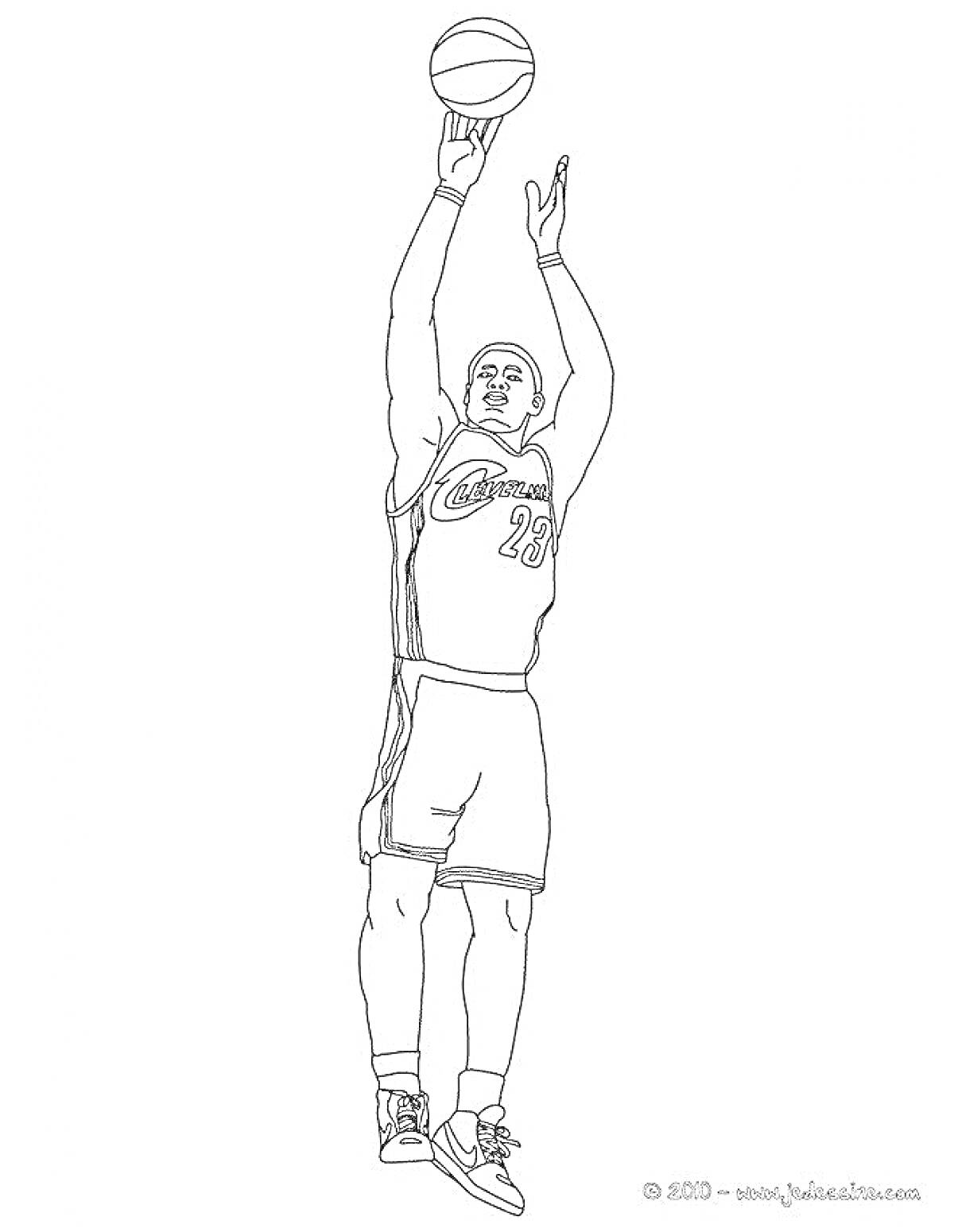 На раскраске изображено: Баскетболист, Баскетбол, Спортивная форма, Номер 23, Бросок, Спорт