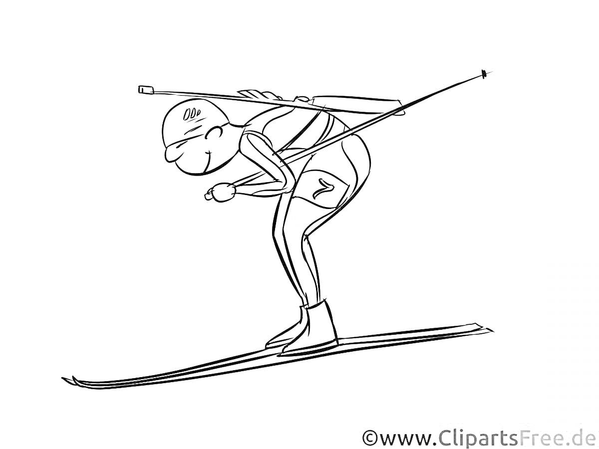 На раскраске изображено: Биатлон, Лыжник, Лыжи, Ружьё, Спортивная одежда, Палки, Зимний спорт, Скорость, Стрельба