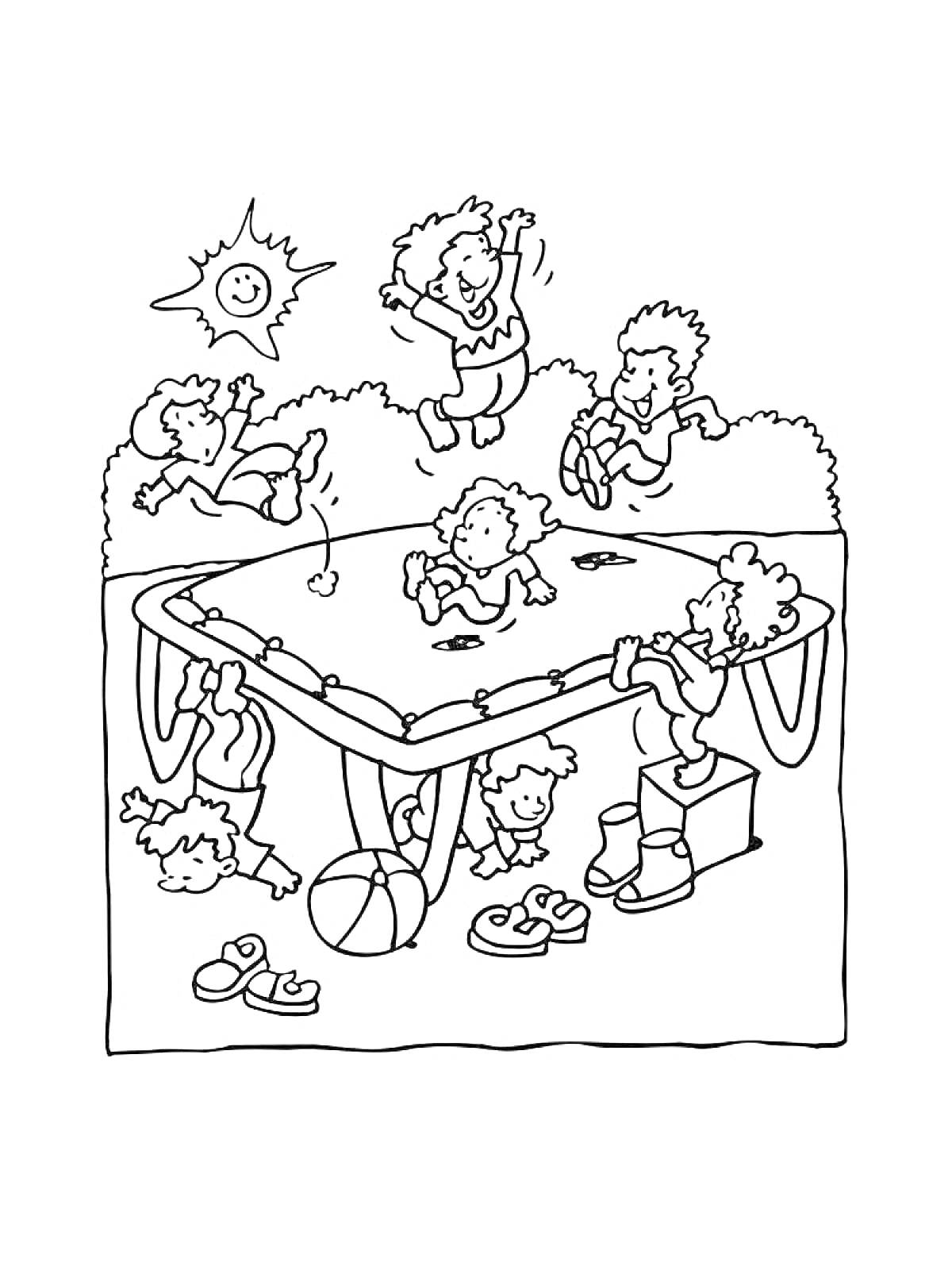 На раскраске изображено: Прыжки, Парк, Веселье, Солнце, Обувь, Кусты, Для детей, Мячи