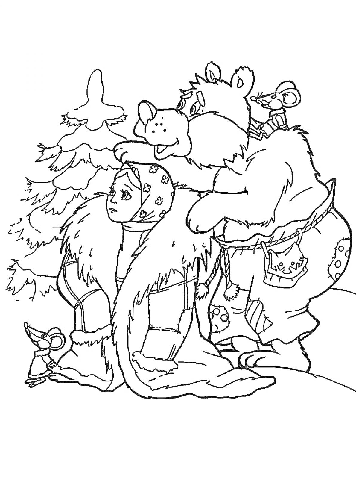 На раскраске изображено: Морозко, Медведь, Зима, Для детей