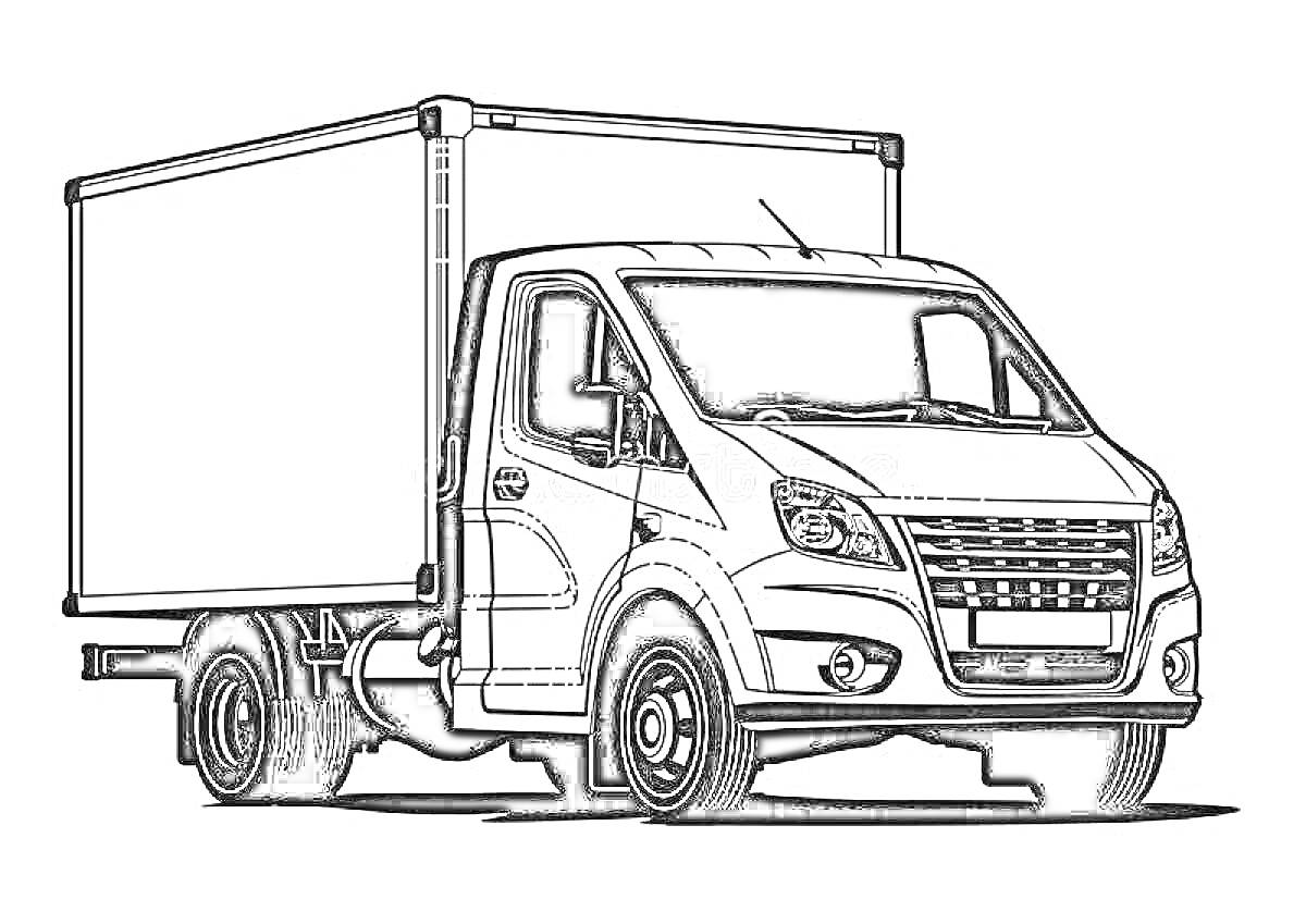Раскраска Газель Некст фургон с закрытым кузовом, который стоит на дороге