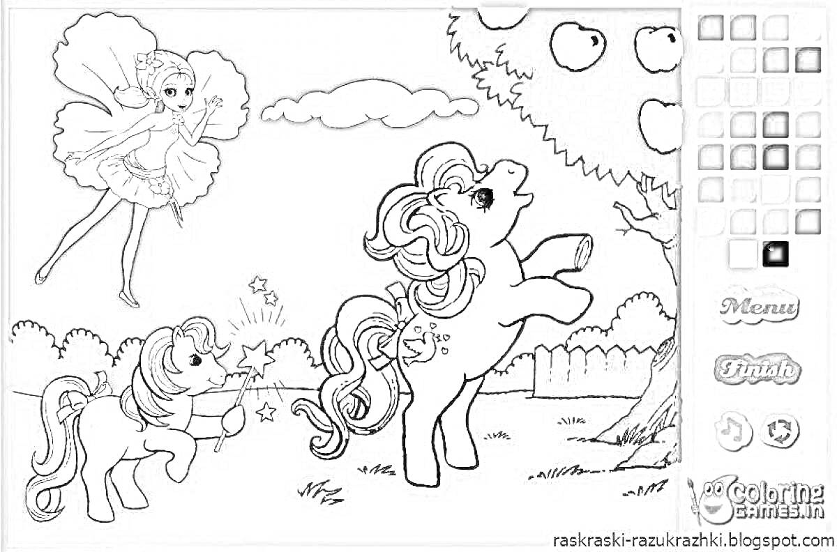 РаскраскаВолшебная фея, пони и яблоки на дереве