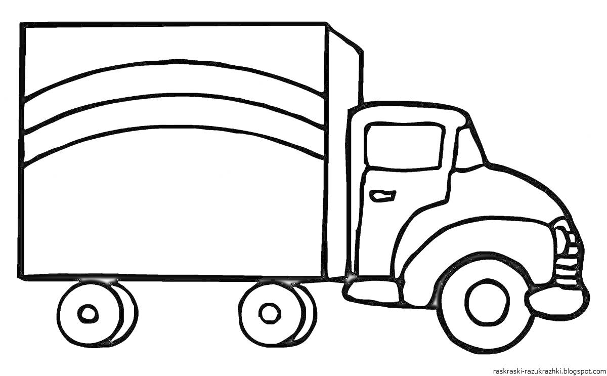 Раскраска Грузовик с тремя колесами и двумя полосами на кузове, контурный рисунок