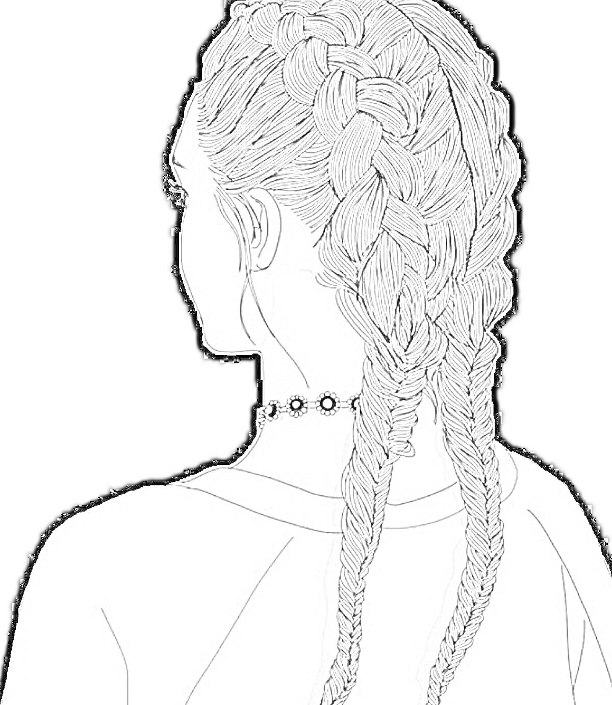 Раскраска Девушка с длинными волосами, заплетёнными в две толстые косы, в футболке и с ожерельем-чокером