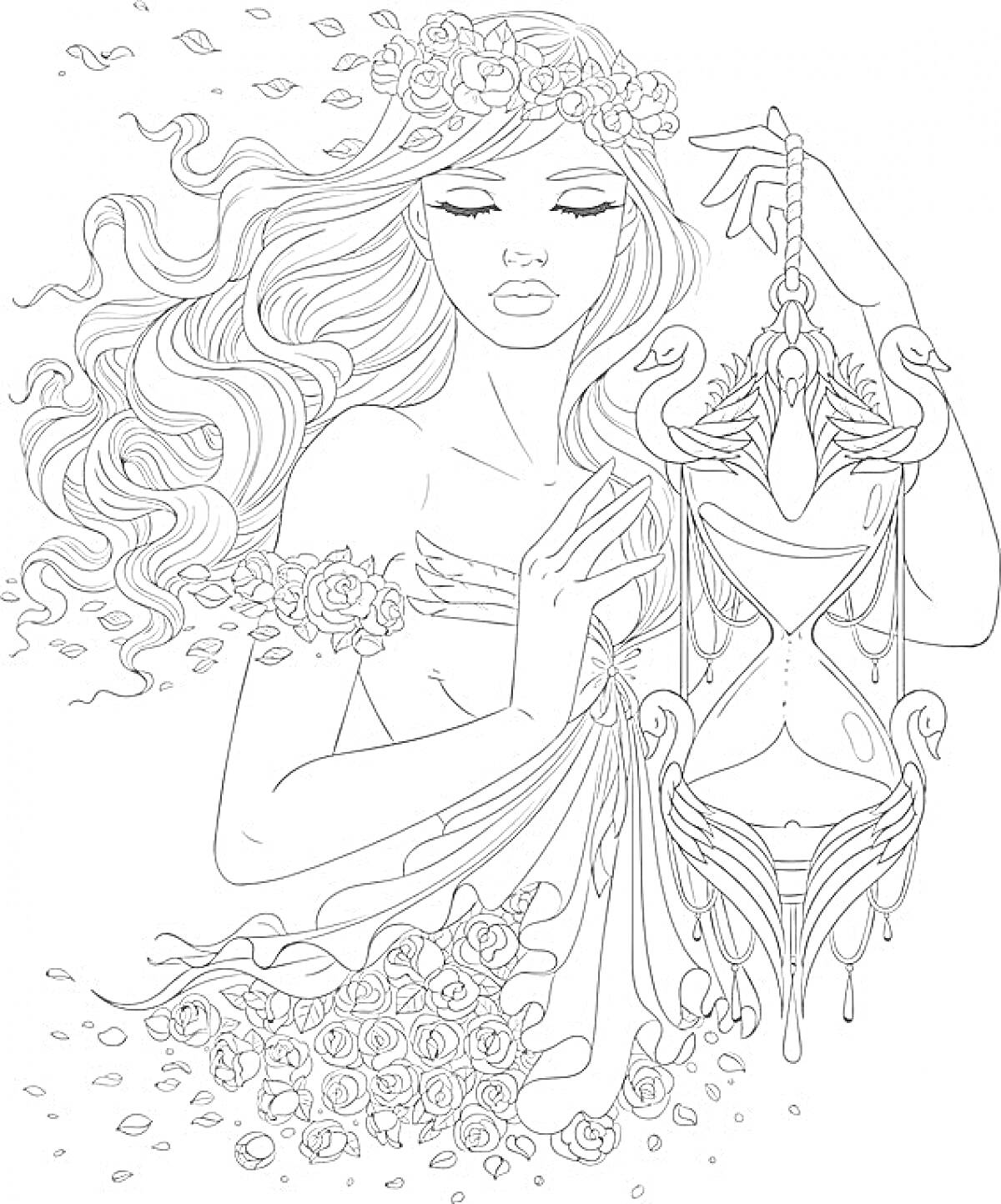 Женщина с длинными волнистыми волосами, цветочный венок, розы, песочные часы, летящие лепестки