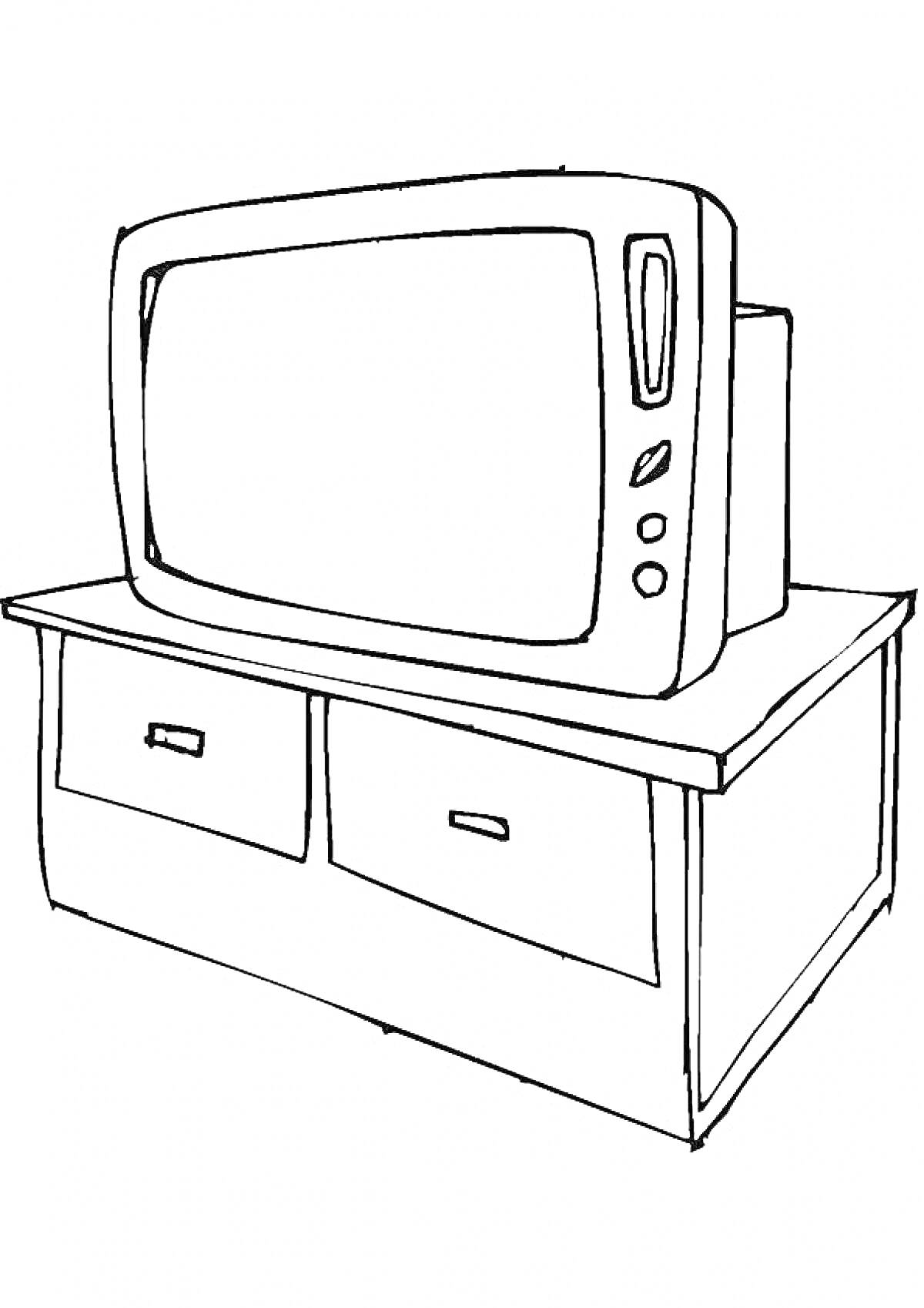Раскраска Телевизор на тумбочке с двумя ящиками