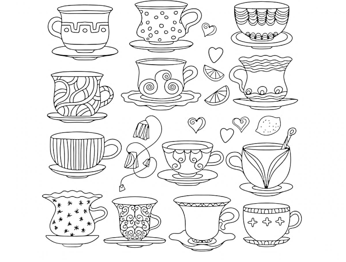 На раскраске изображено: Чашки, Блюдца, Чайный пакетик, Посуда, Сердца, Чайники