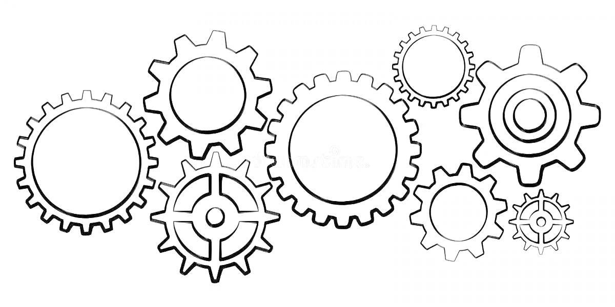На раскраске изображено: Шестеренки, Механизмы, Зубчатые колеса, Механика
