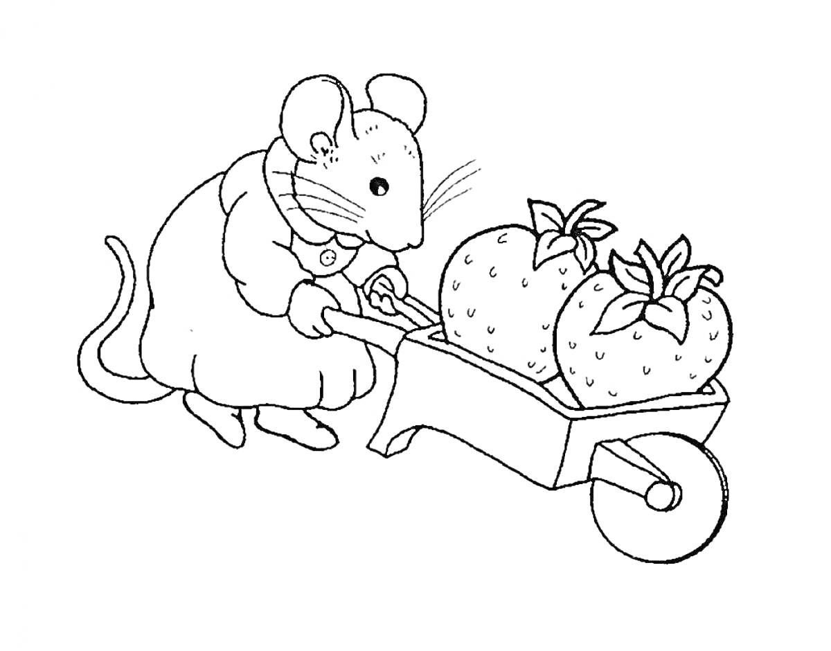 Раскраска Мышка в фартуке везет тележку с клубникой