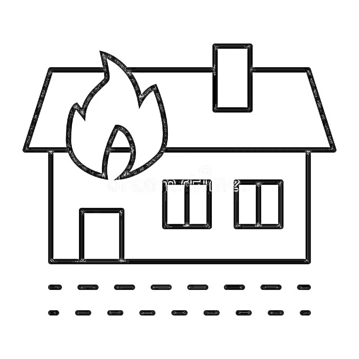 На раскраске изображено: Дом, Пожар, Пламя, Крыша, Окна, Дверь, Дымоход, Опасность