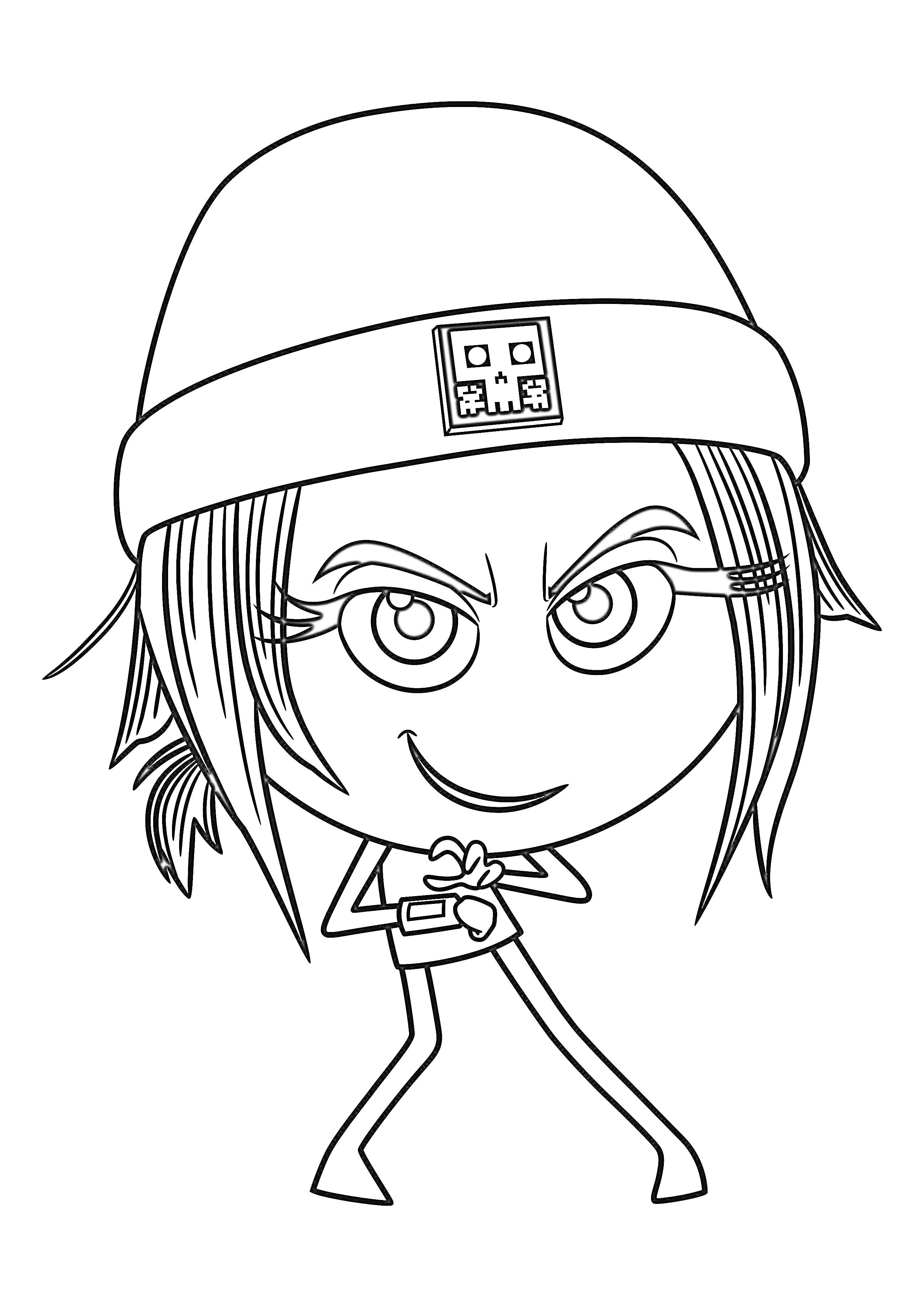 Раскраска Эмодзи персонаж в шапке с наглой улыбкой, сложенными ладонями и длинными ресницами