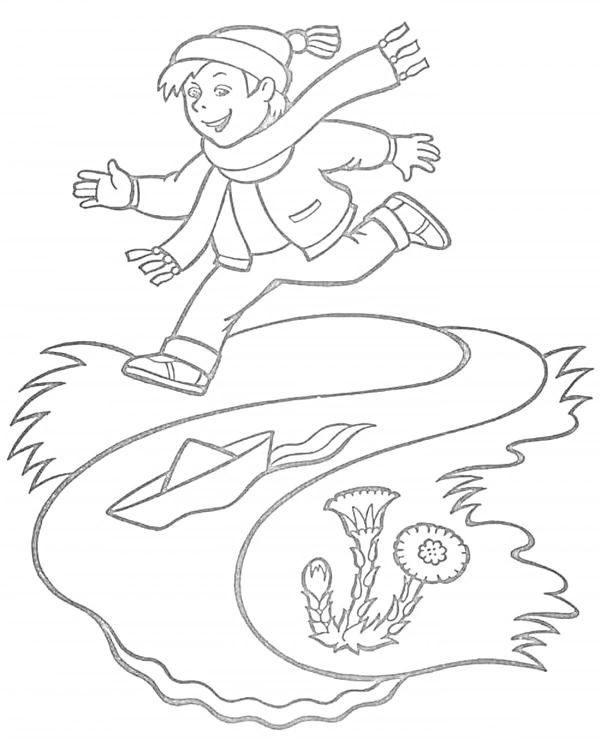 Раскраска Мальчик в теплой одежде бежит вдоль ручья с бумажным корабликом, рядом с которым растет одуванчик