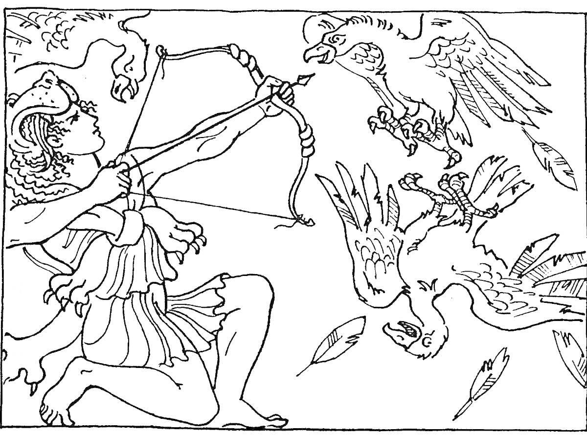 На раскраске изображено: Мифы Древней Греции, Стрелок, Лук и стрелы, Арчер, Мифические существа