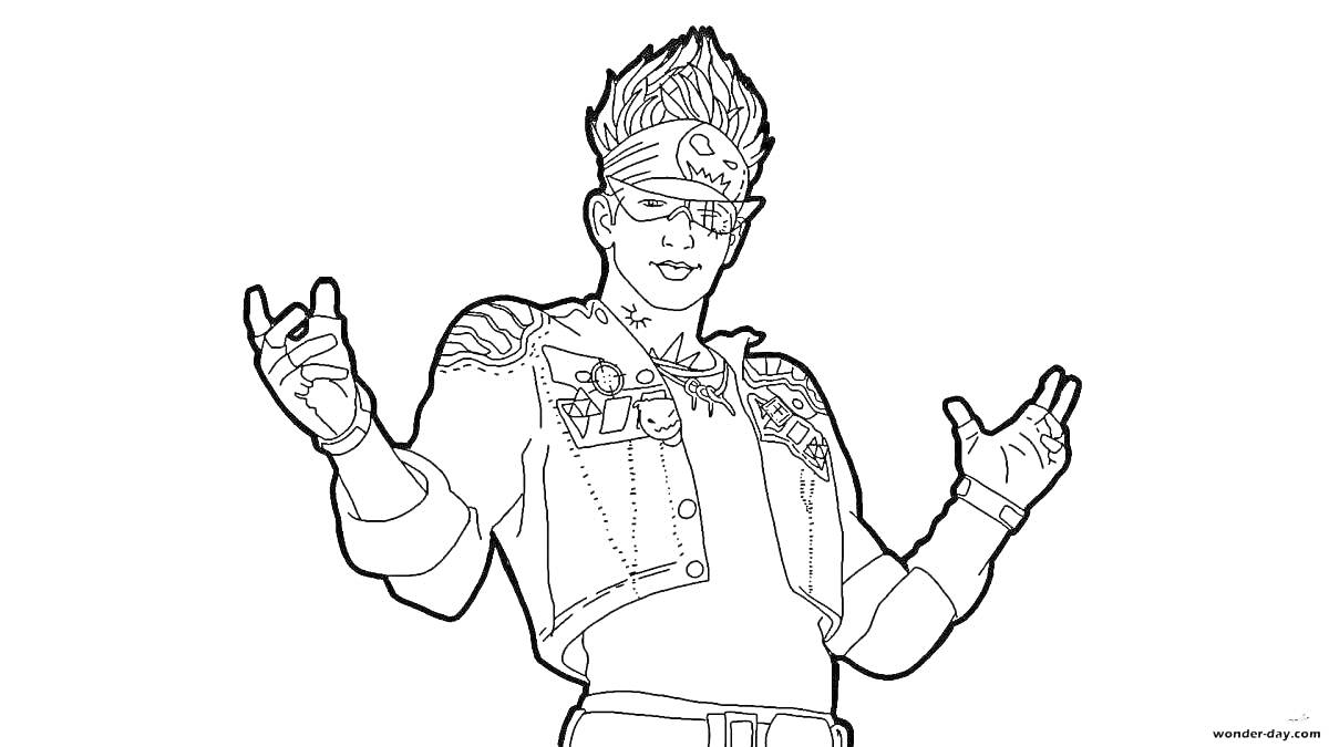 Персонаж с поднятыми руками из Free Fire в бандане и очках, с татуировкой на плече и короткой курткой