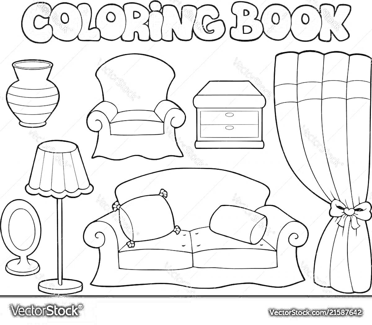 Раскраска Цветник книга с мебелью для кукол: ваза, кресло, тумбочка с ящиками, шторы, круглое зеркало, напольная лампа, диван с подушками
