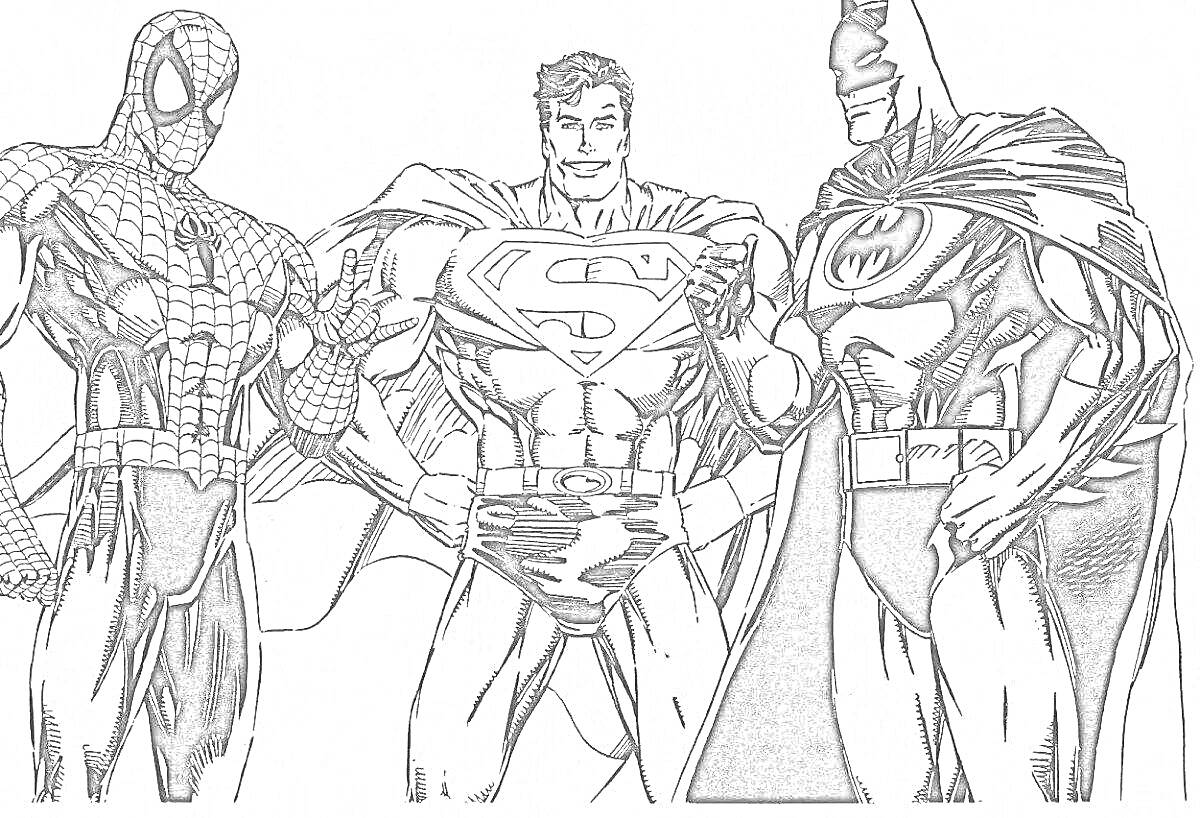 На раскраске изображено: Супермен, Человек-паук, Бэтмен, Супергерои, Комиксы, Мстители, Суперсилы