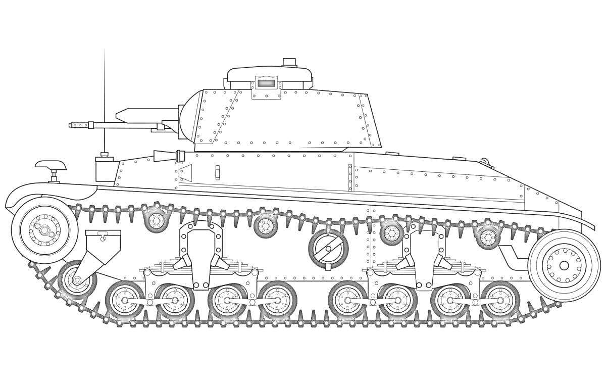 Раскраска КВ-44 танк с башней, бронёй, гусеницами, орудием и антенной