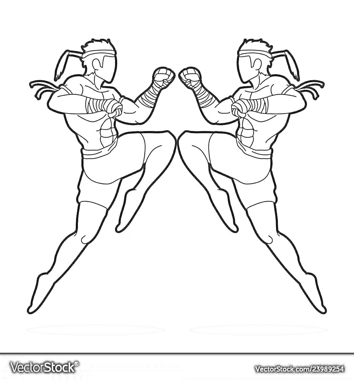 Раскраска Два боксера в прыжке с поднятыми кулаками, с повязками на руках и лентах на голове.