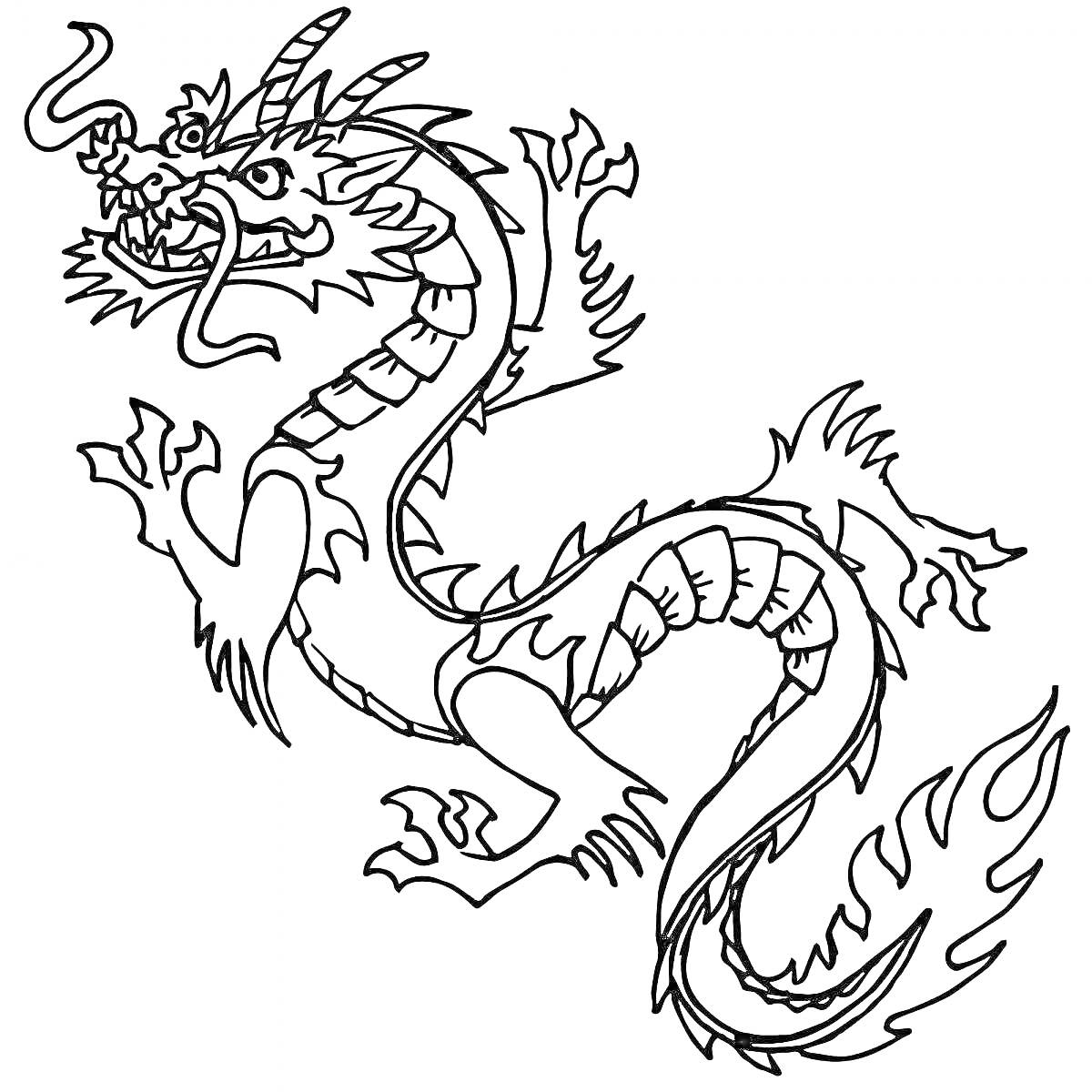Раскраска Китайский дракон с усами, рогами и когтями, изображённый в горизонтальном положении с изогнутым телом и длинным хвостом, украшенным хвостовыми перьями.
