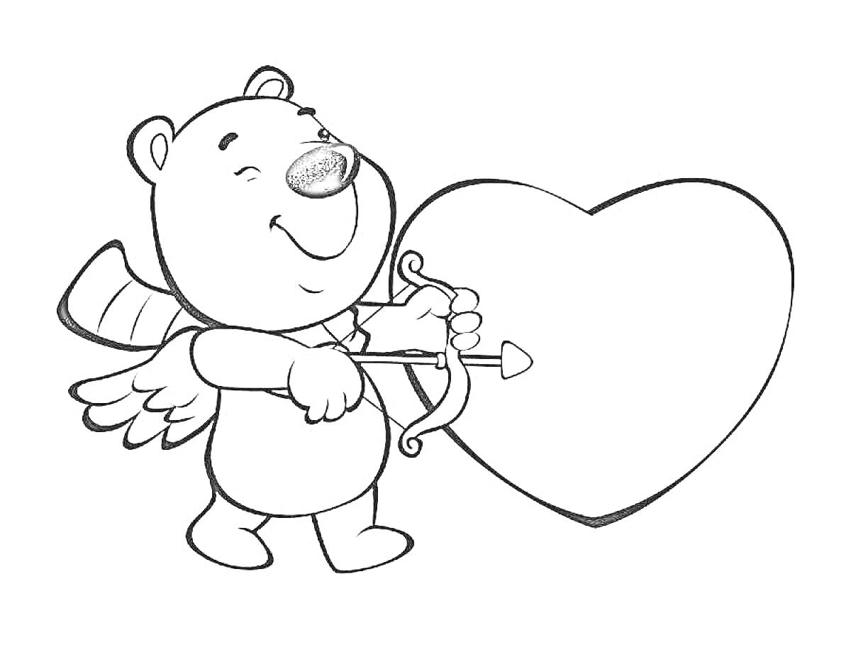 Раскраска Мишка-ангел с луком и стрелой, держащий сердце