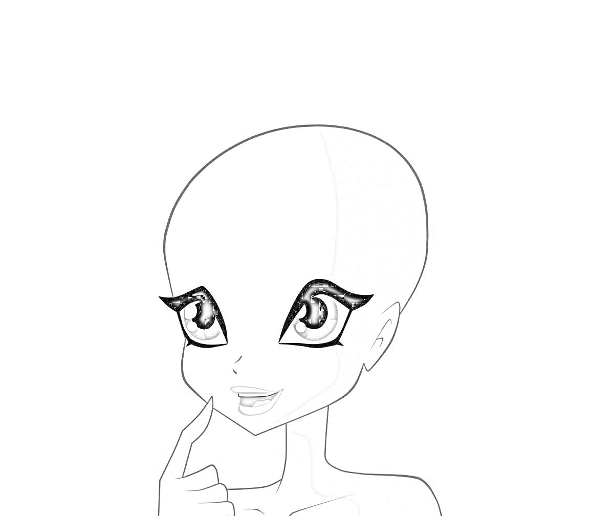 Раскраска Лысая девочка с большими глазами, улыбкой и поднятым указательным пальцем возле лица