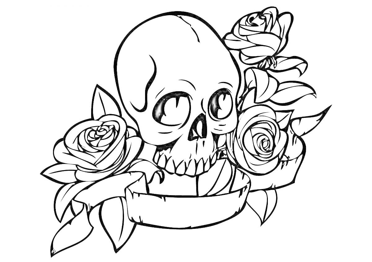 Раскраска Череп с тремя розами и лентой