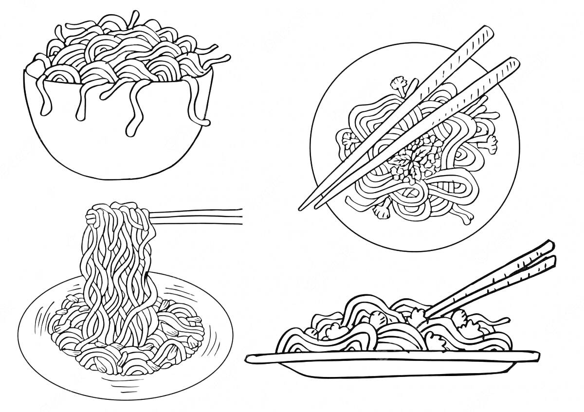 Тарелки и миска с пастой, палочки для еды