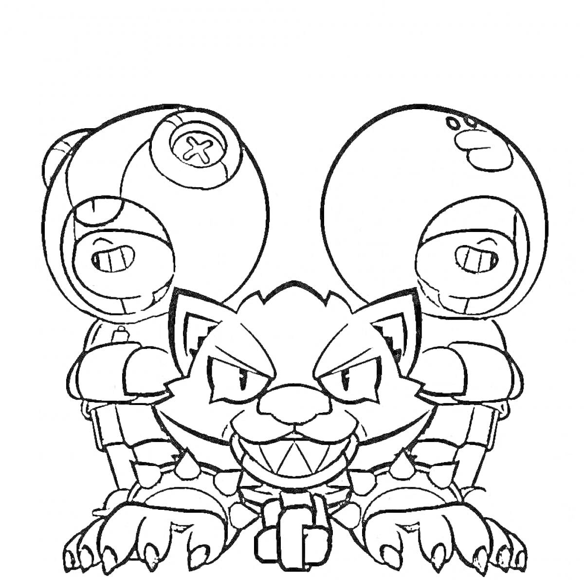 Раскраска Две фигуры в шлемах с крестами и с кошкой с улыбкой посередине