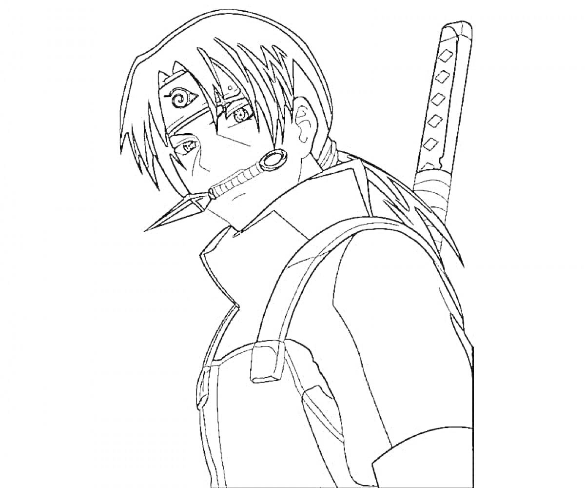Раскраска персонаж с мечом за спиной, защитной повязкой на лбу и резинкой в зубах