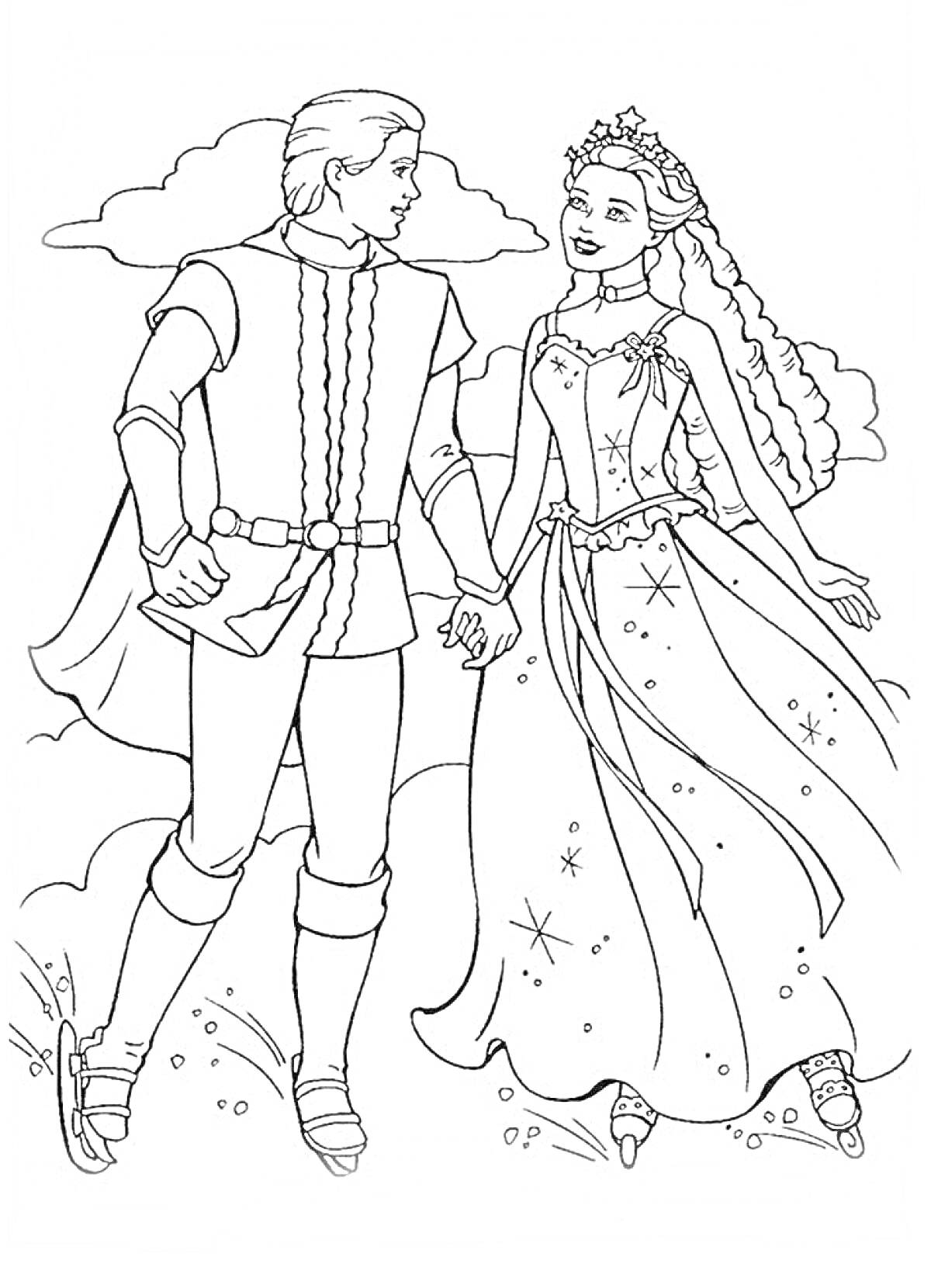 Раскраска Барби и Кен в романтическом наряде на фоне облаков