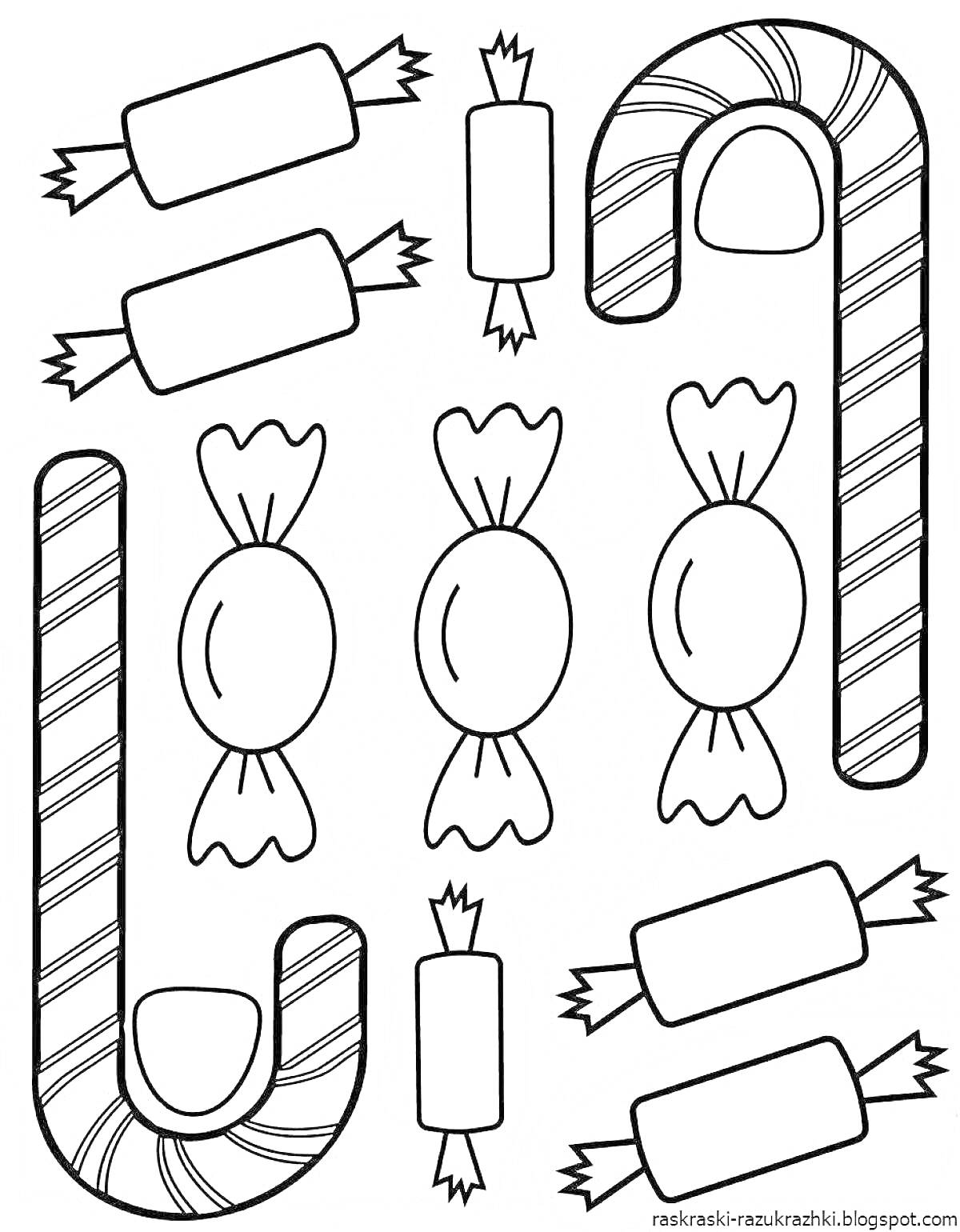 Раскраска конфеты в обертке и леденцы в форме трости
