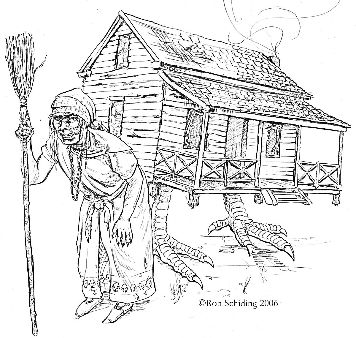 Раскраска Дом Бабы Яги с куриными ножками, сама Баба Яга с метлой