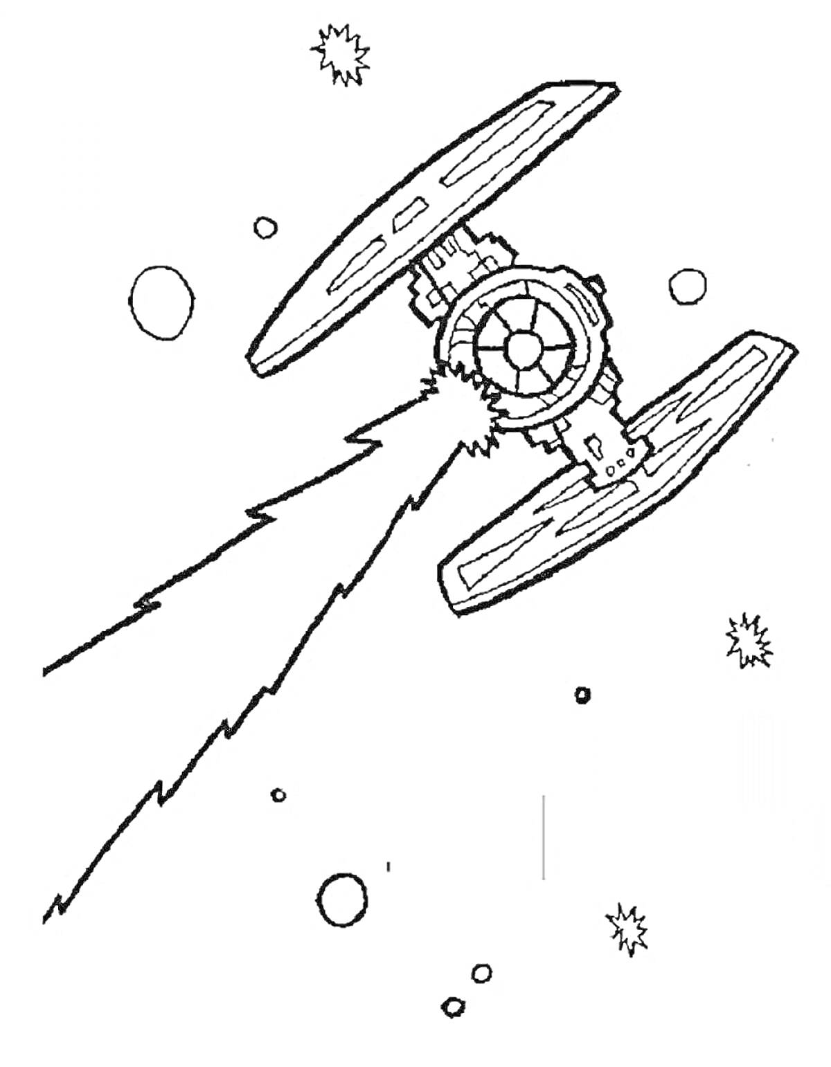 Раскраска Корабль TIE Fighter с лазерным лучом в космосе, звезды и планеты