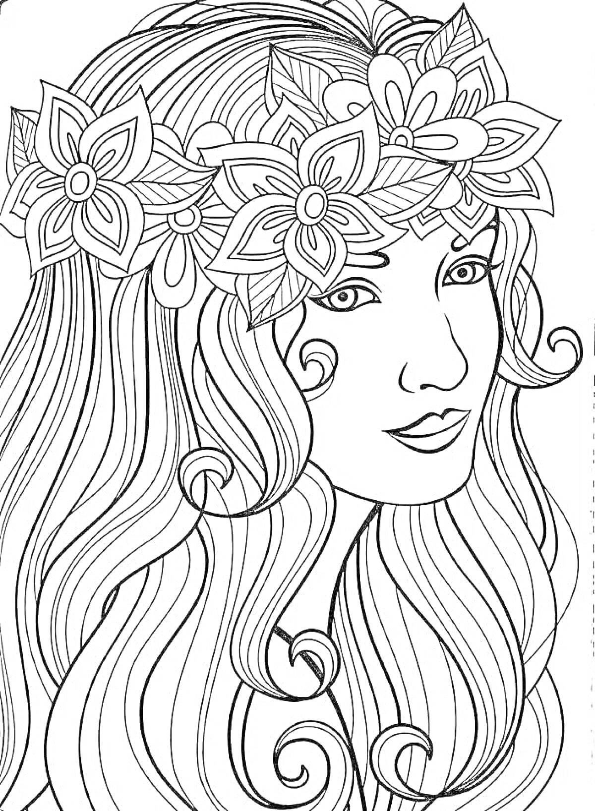 Раскраска девушка с цветами в волосах, длинные волнистые волосы, цветочный венок на голове