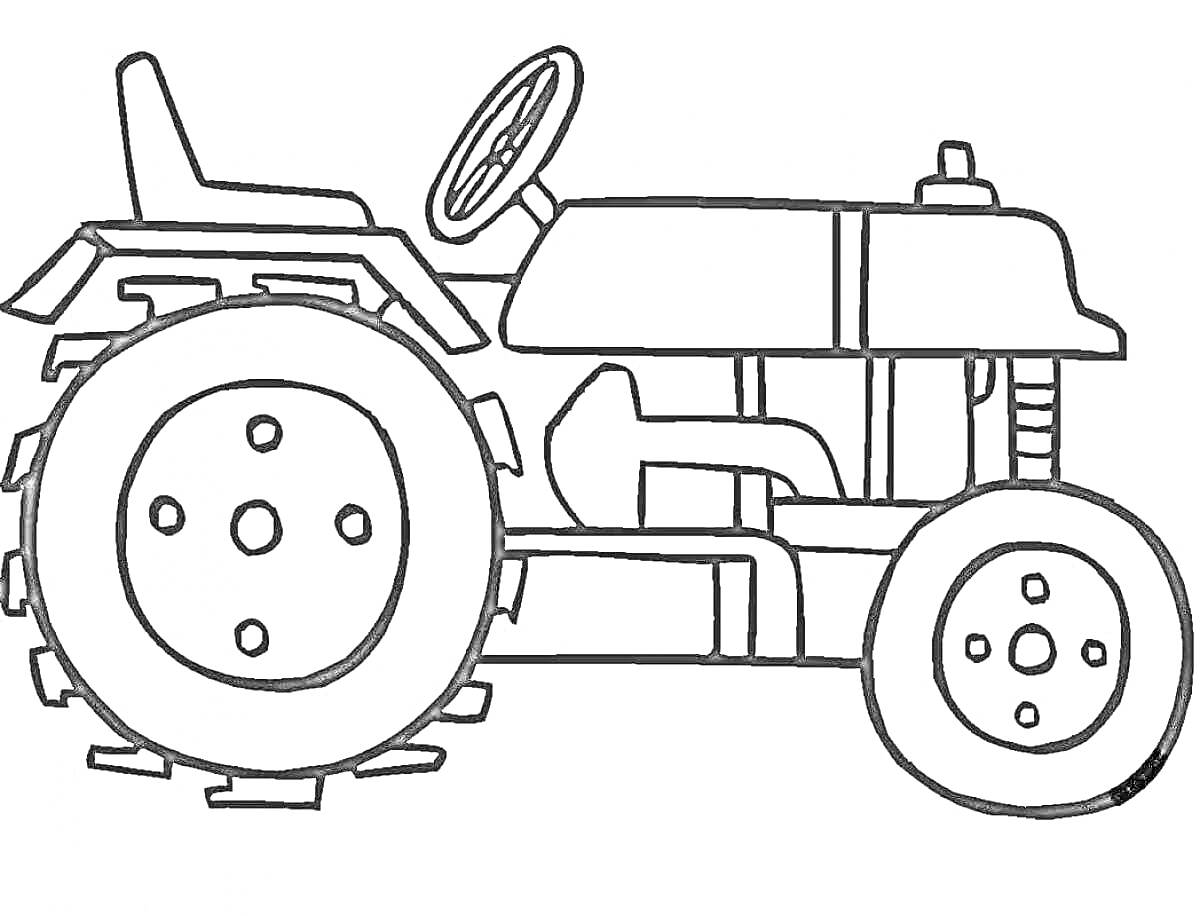 На раскраске изображено: Трактор, Руль, Техника, Сельскохозяйственная техника, Транспорт