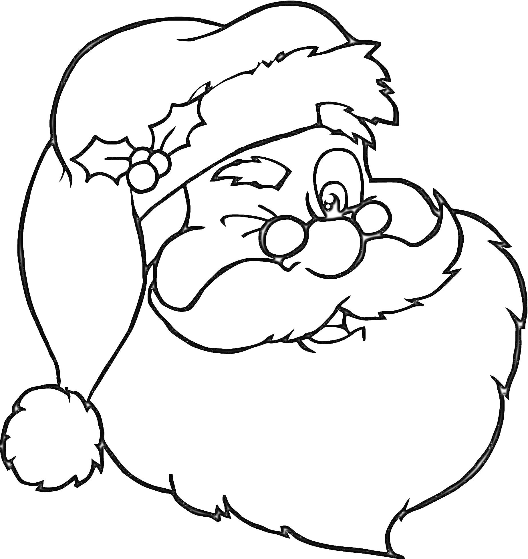На раскраске изображено: Санта Клаус, Шапка, Борода, Новый год, Рождество, Зимние праздники