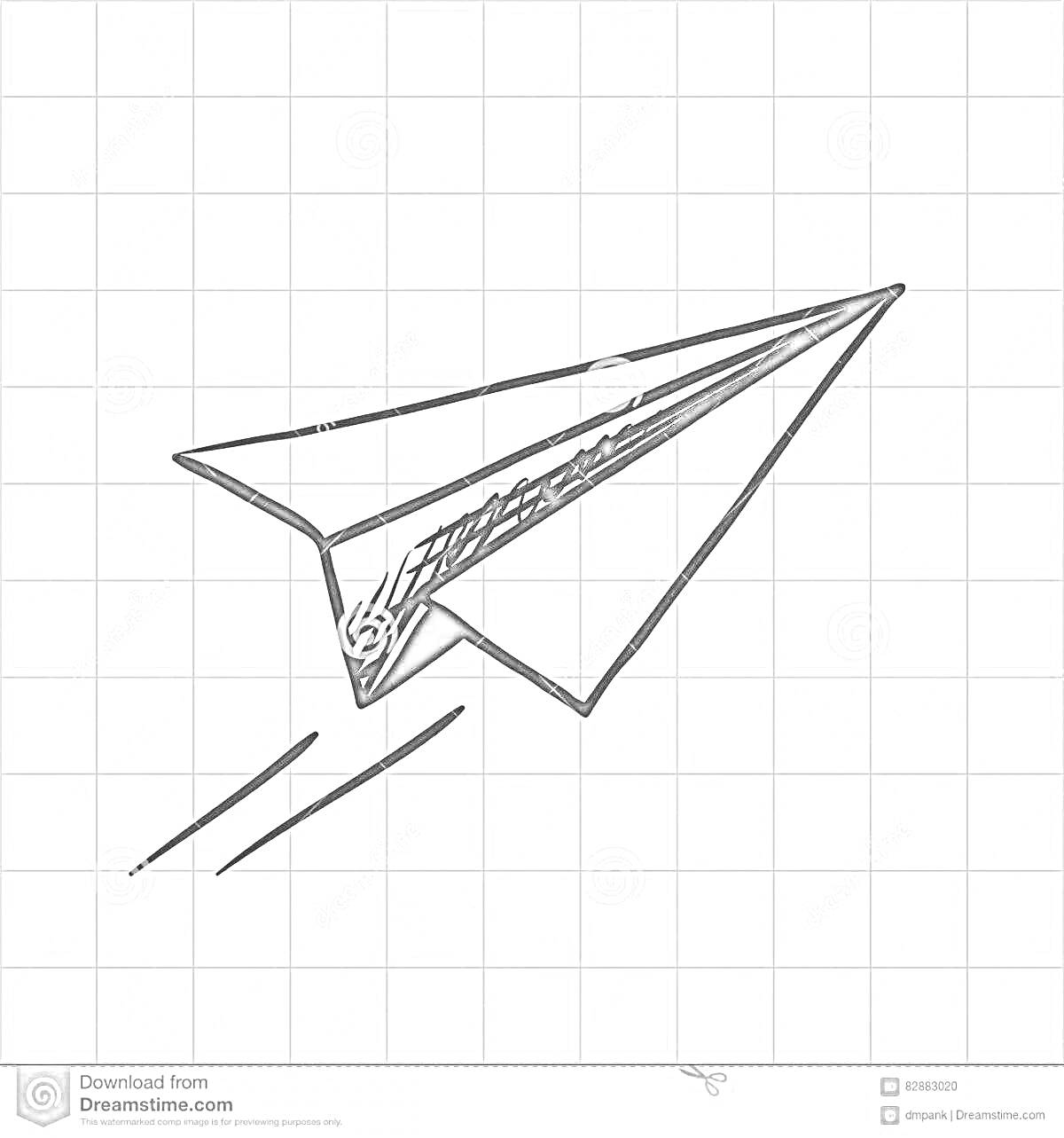 На раскраске изображено: Бумажный самолет, Клетчатая бумага, Линии движения, Полет