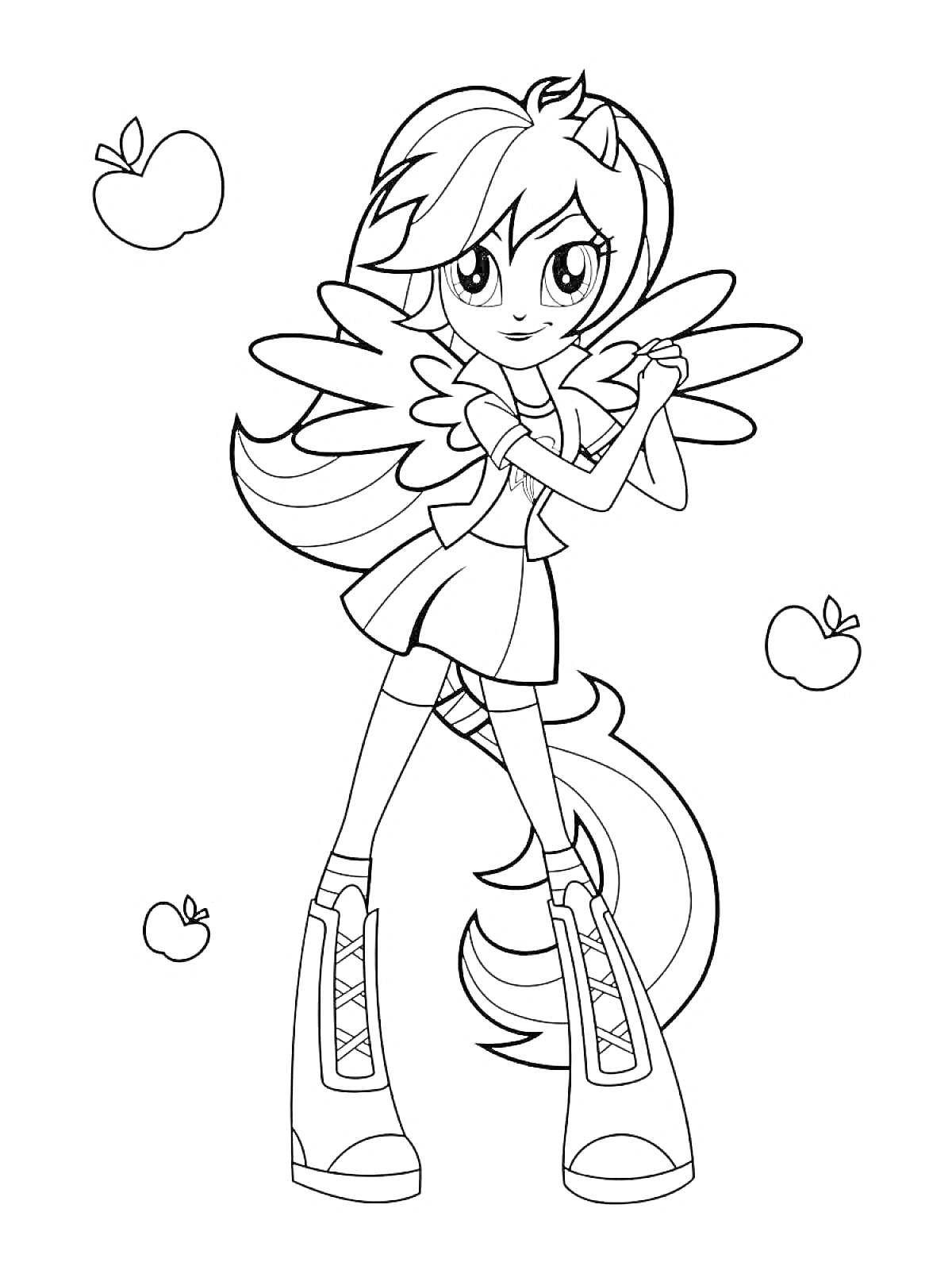 Раскраска Девушка с крыльями, стоящая со скрещенными руками и яблоками вокруг