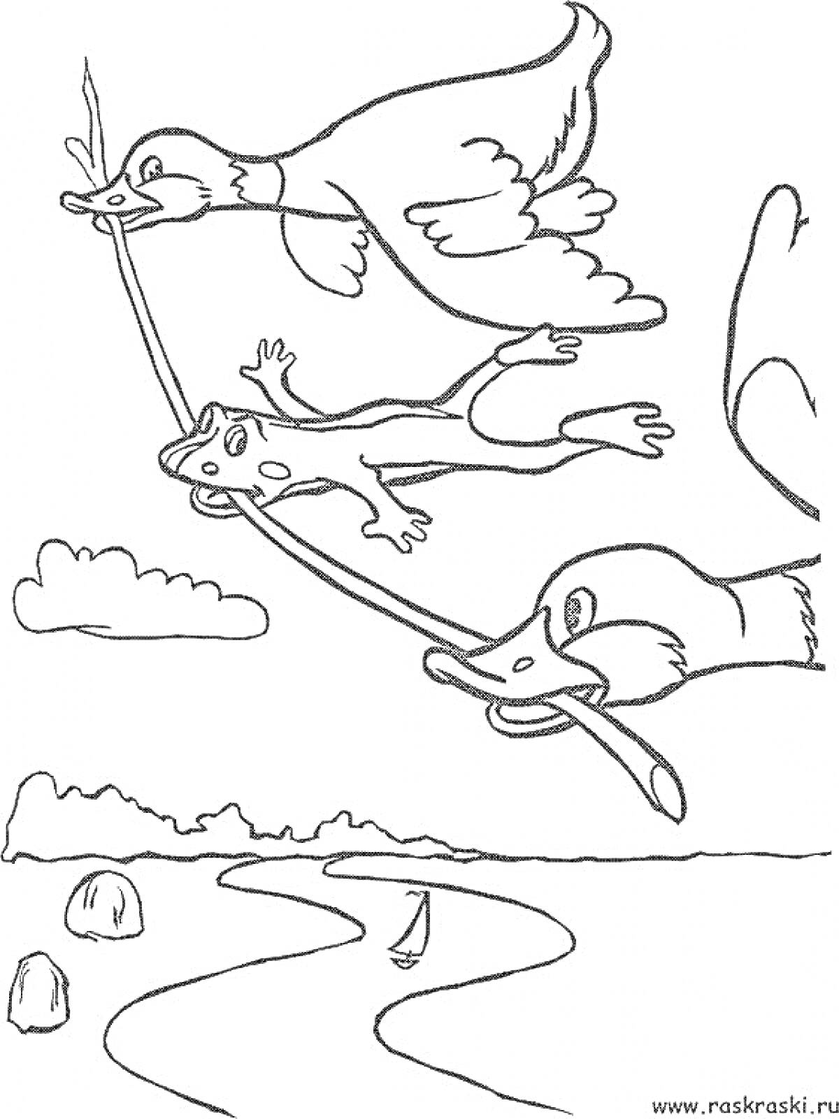 Раскраска Лягушка путешественница: лягушка летит, держась за палку в клювах двух птиц, пейзаж с облаками, рекой и лодкой