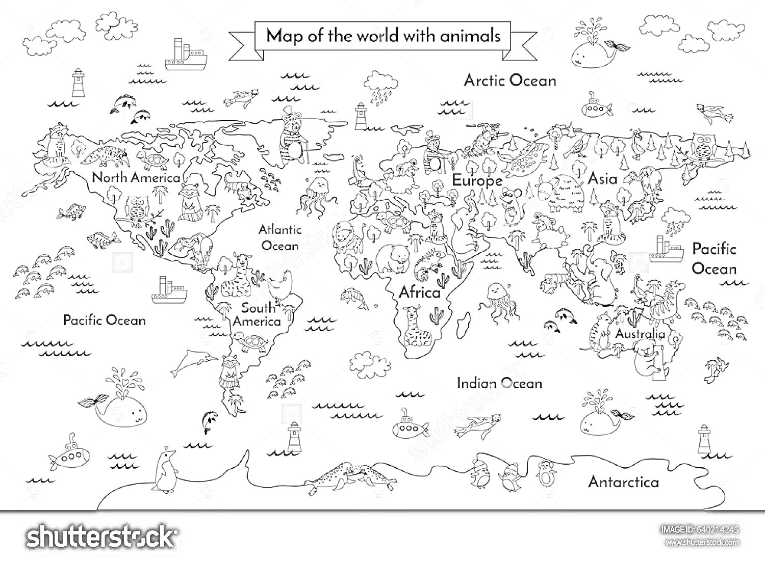 Раскраска Карта мира с животными, океанами и континентами