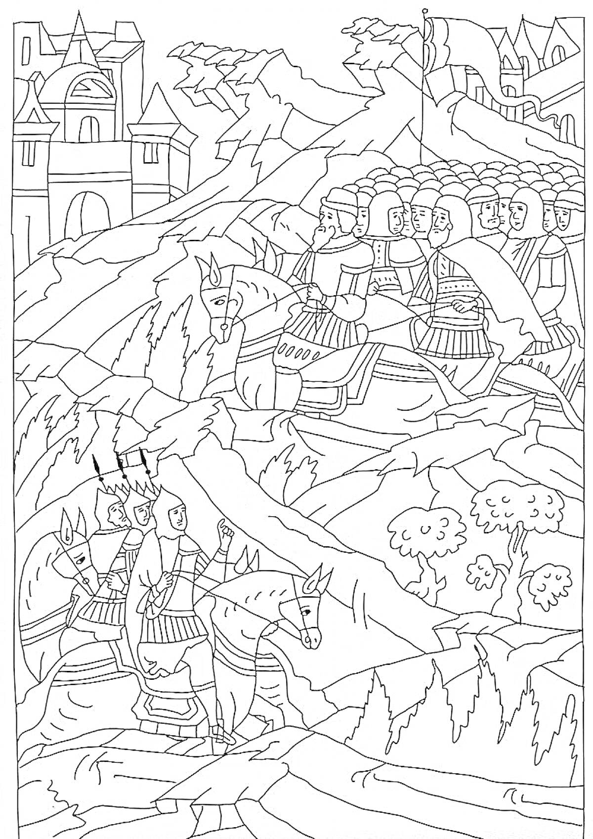 На раскраске изображено: Ледовое побоище, Битва, Рыцари, Войска, Крепость, Деревья, Знамёна, Историческая сцена