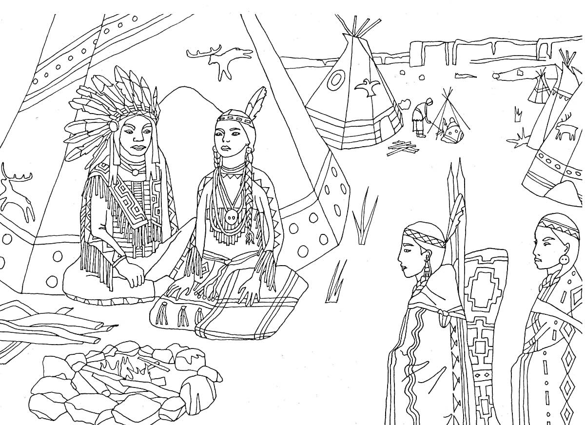 На раскраске изображено: Индейцы, Лагерь, Типи, Огонь, Одежда, Пустыня, Беседа, Природа, Традиции
