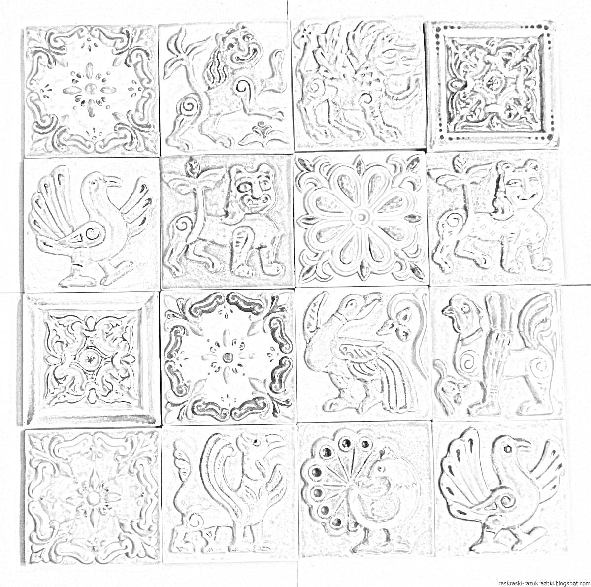 Раскраска Керамическая плитка ручной работы с изображением животных, птиц, цветов и орнаментов