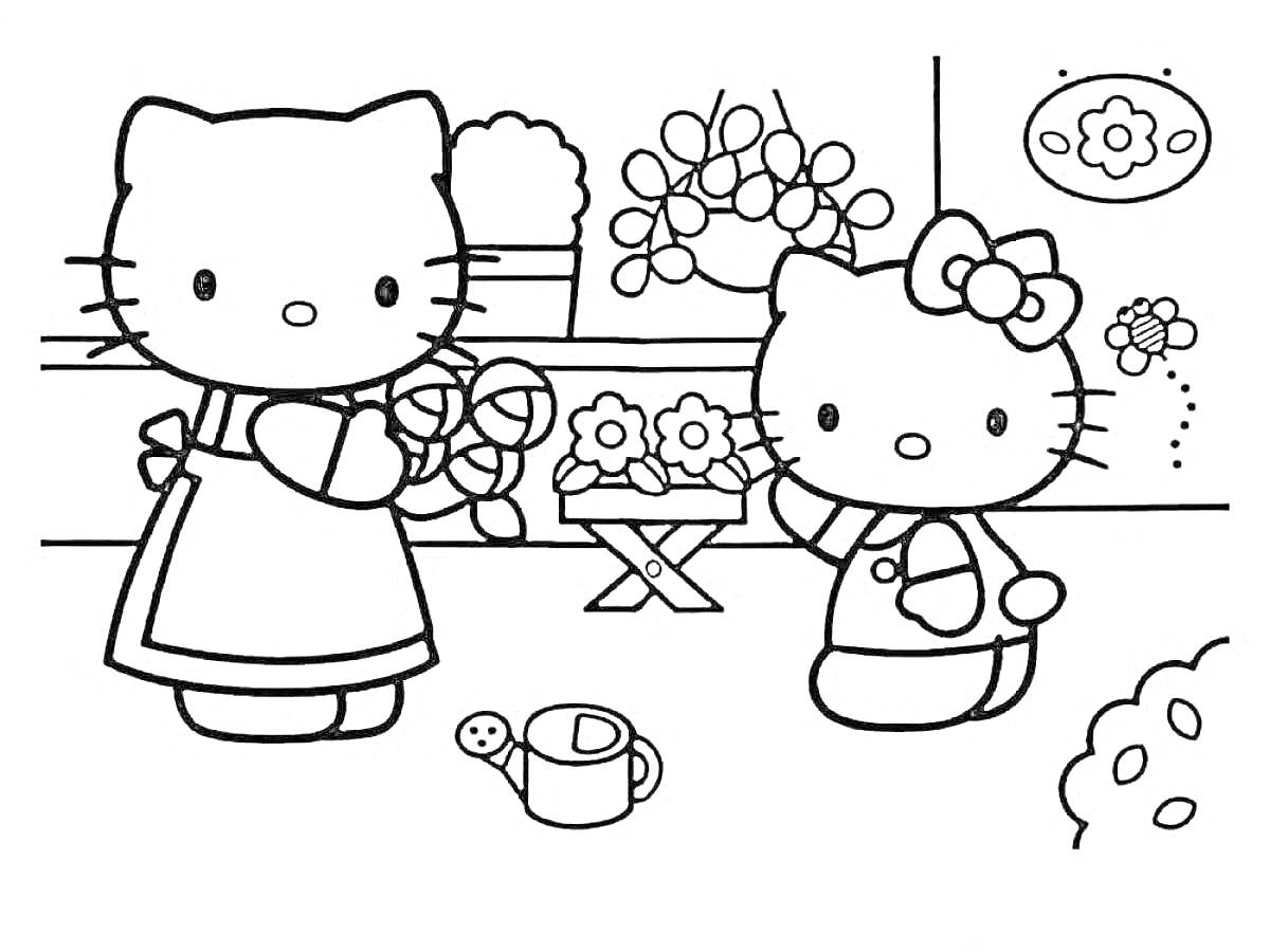Раскраска Hello Kitty и другая кошечка в саду с цветами и лейкой
