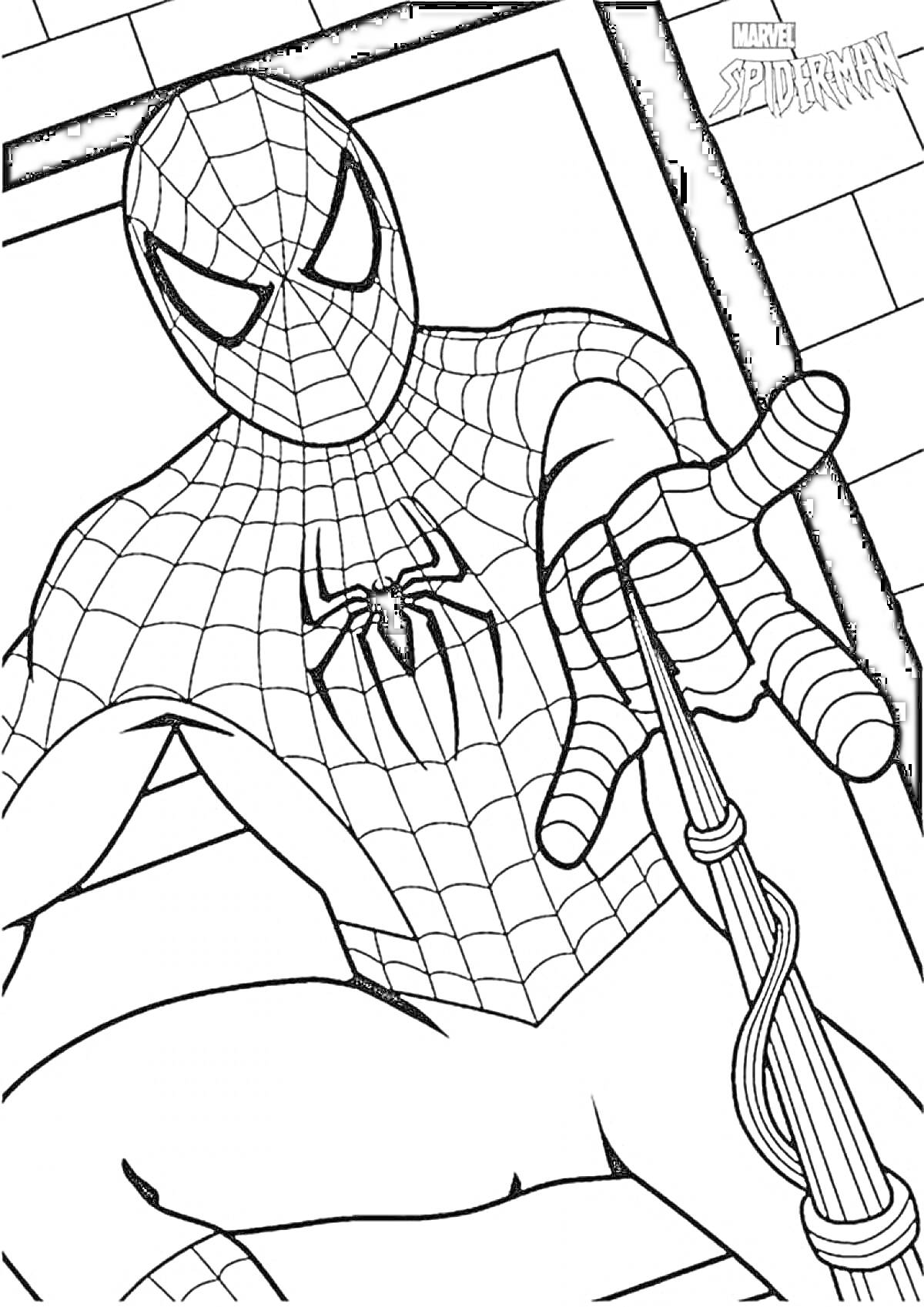 Раскраска Человек-паук на фоне здания, выпускает паутину