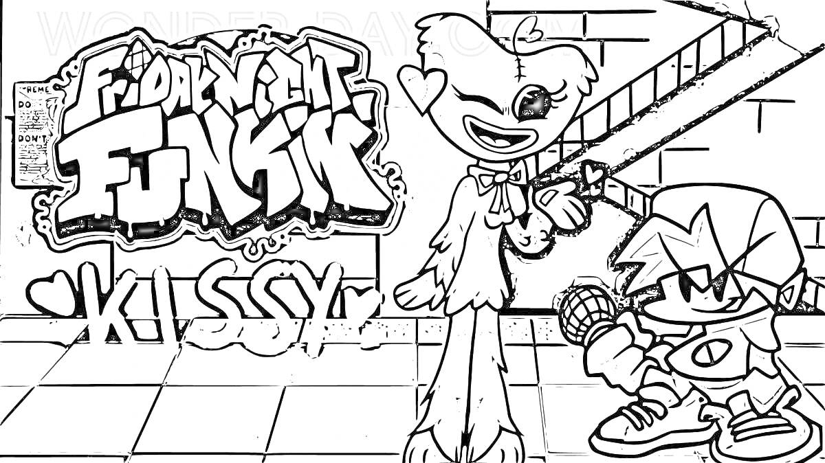 Раскраска Персонажи из Friday Night Funkin' около лестницы с микрофоном и текстом 