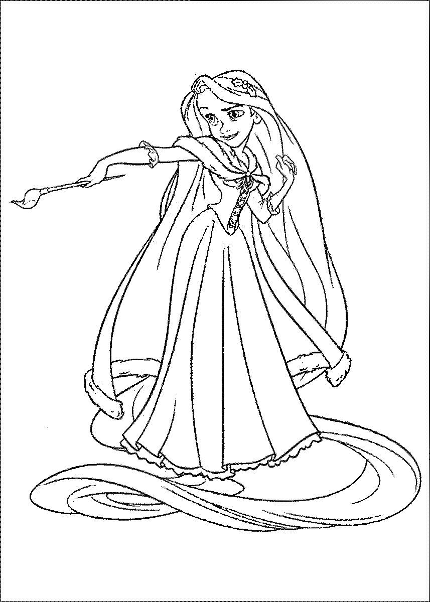 Раскраска Рапунцель с длинными волосами в длинном платье держит кисть
